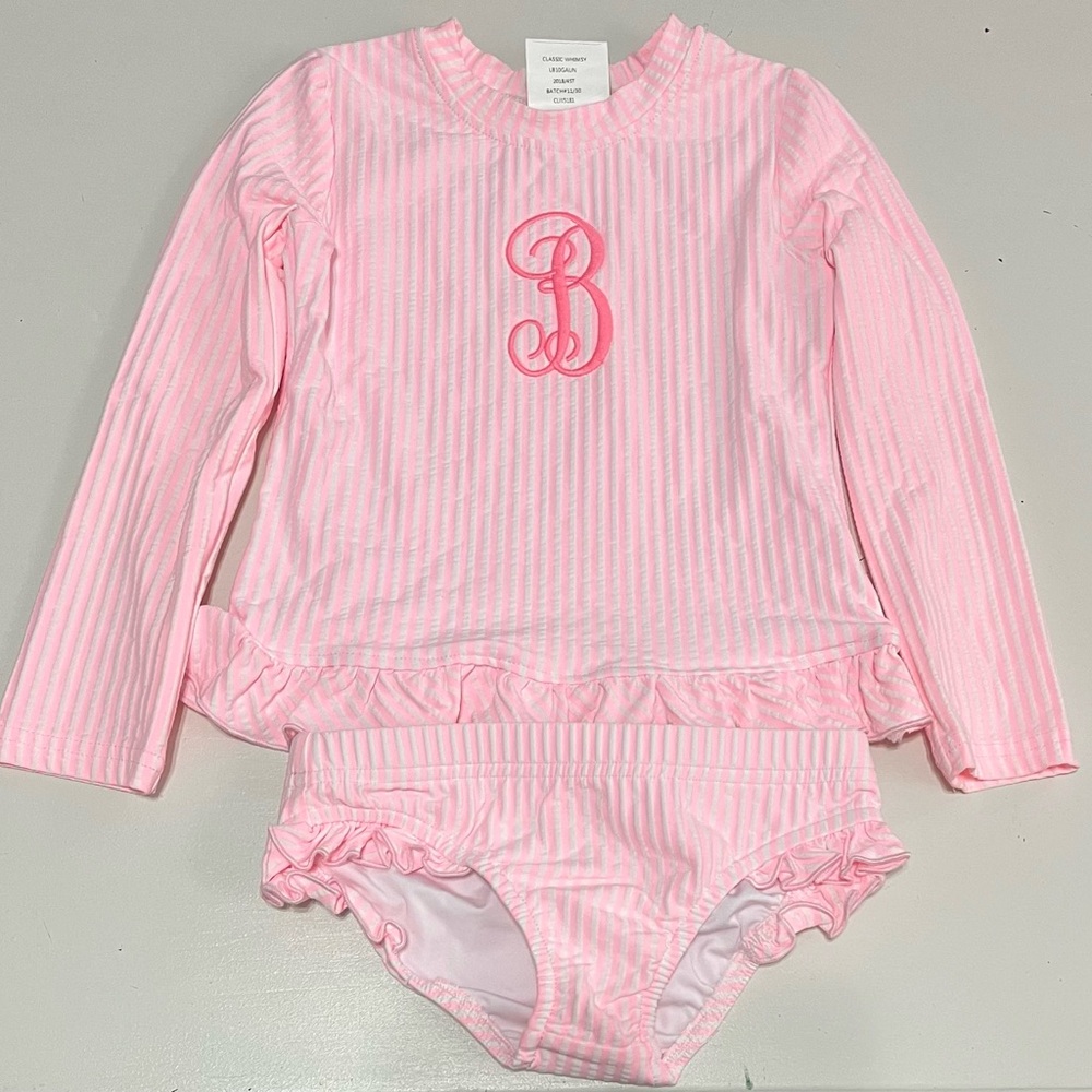 Pink Striped Kids 2 piece bathing suit with monogrammed “B”